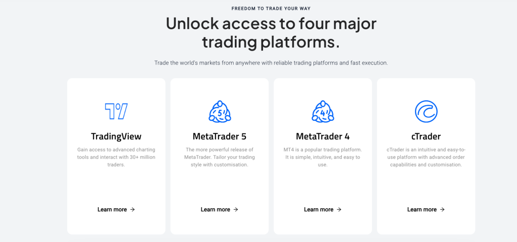 Screenshot from pepperstone on the different trading platforms offered in Feb 2024