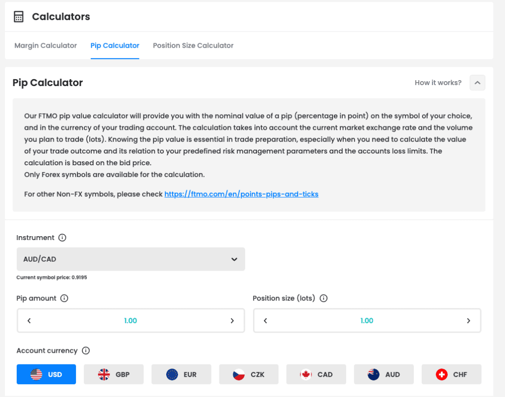 FTMO pip calculator 