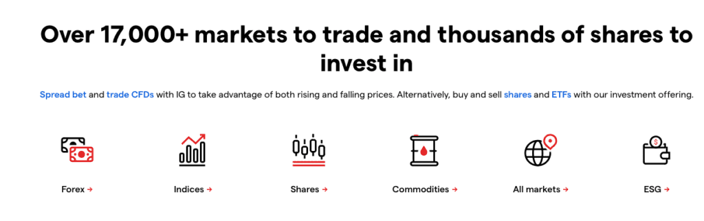 IG Spread Betting trading instruments list showing commodities, fores, shares and spread betting