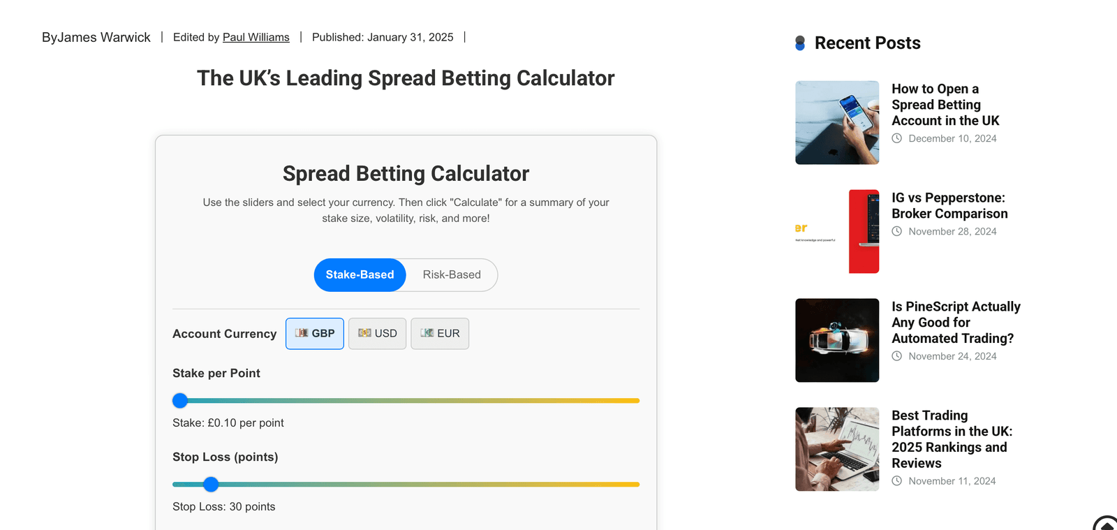 Spread Betting Calculator screenshot in January 2025